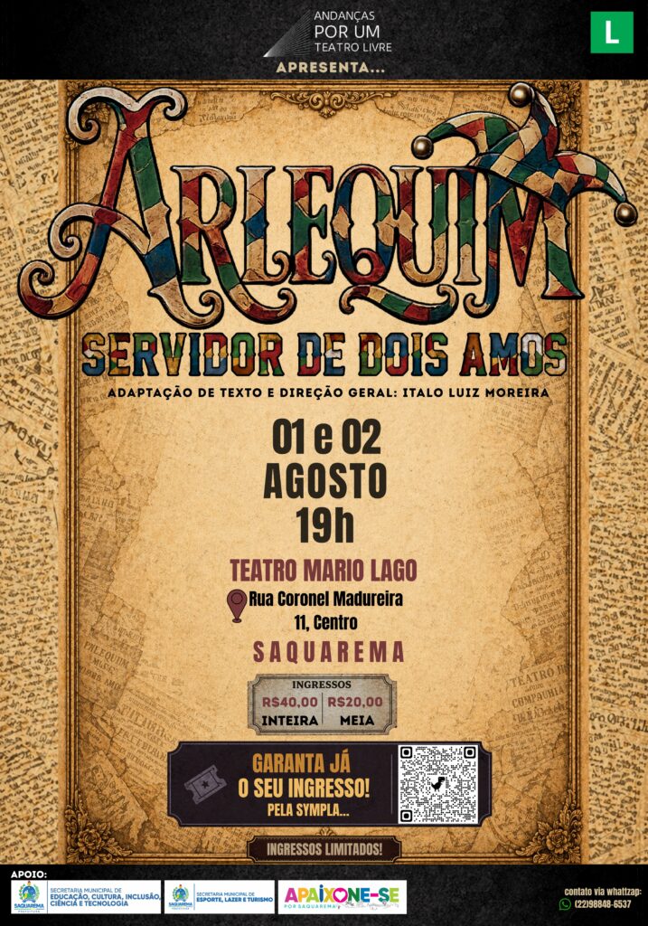Card do espetáculo Arlequim no Teatro Municipal Mário Lago, em Saquarema